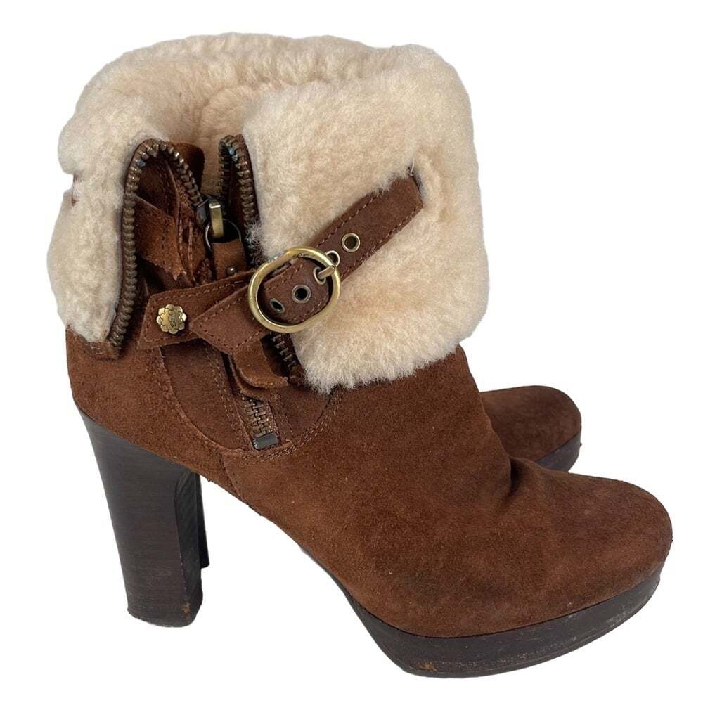 UGG Australia Womens Scarlett Sheepskin Cuff Heeled Brown Leather Ankle Boots